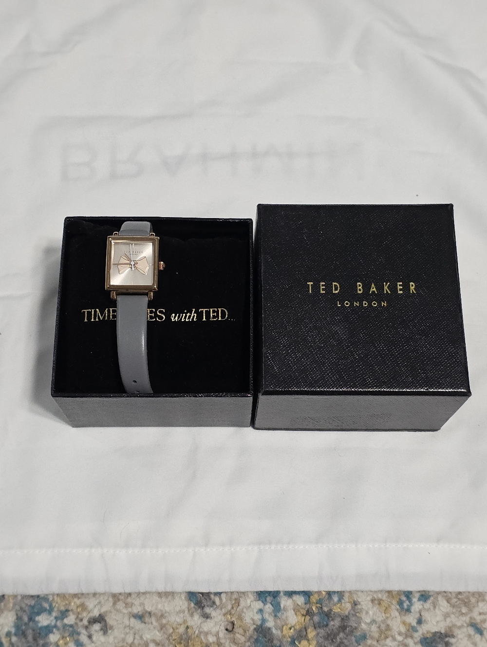 Ted Baker Grey Leather Strap Watch with Rose Gold Bow Watxh Face
